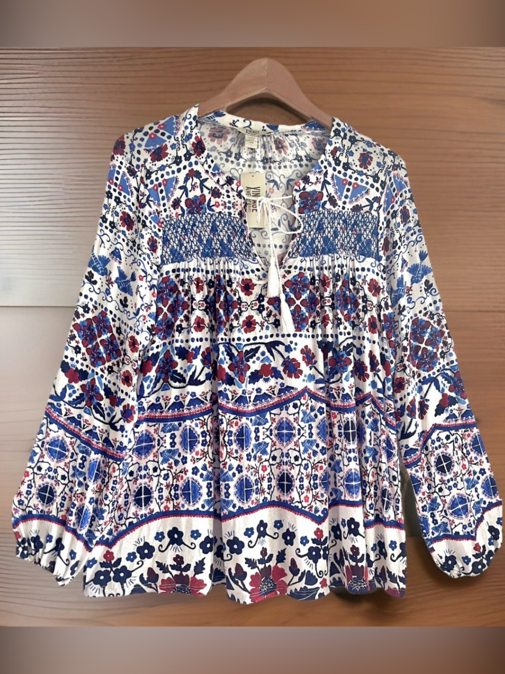 NWT Vintage America Blues Peasant Top Embroidered Red White Blue SZ L  Boho